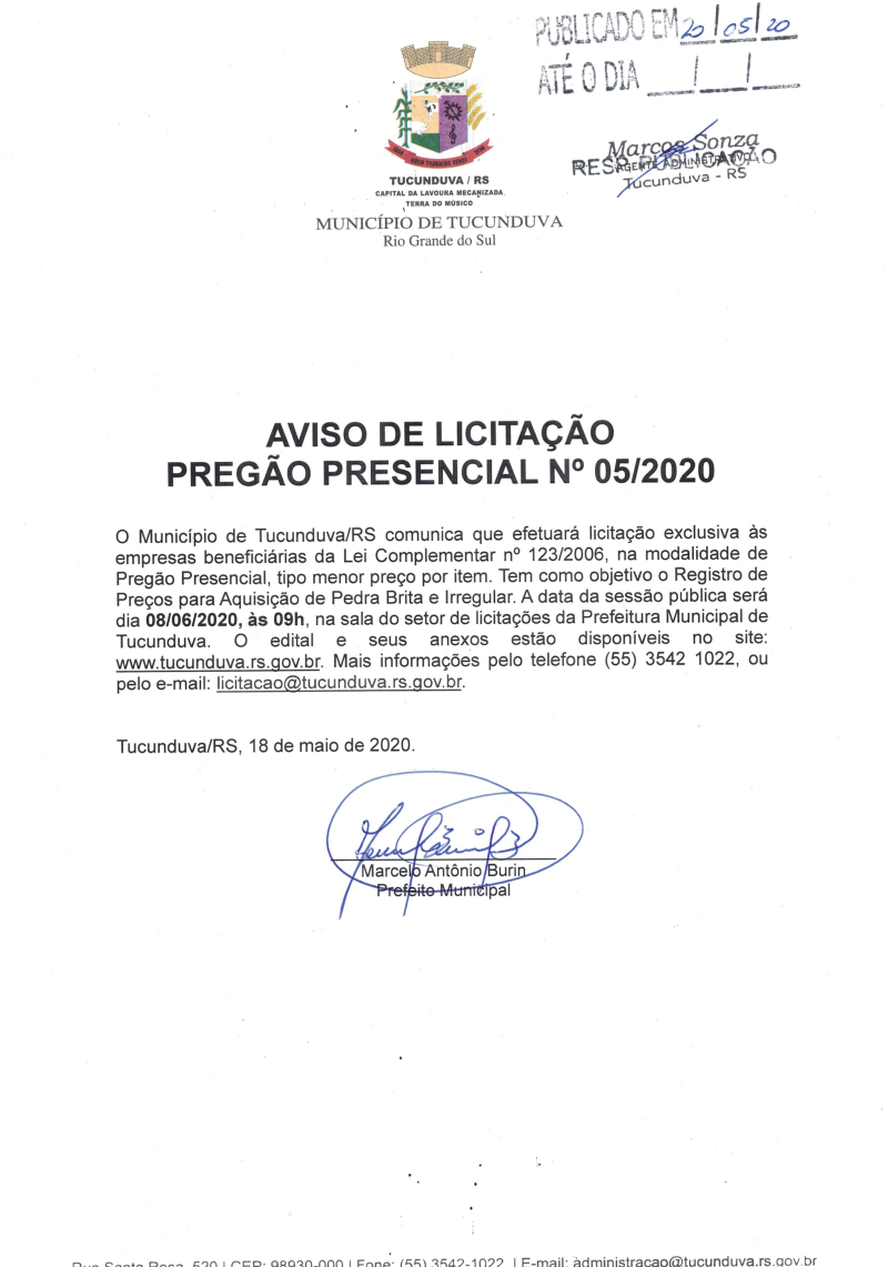 AVISO PP 05/2020 SRP AQUISIÇÃO DE PEDRA BRITA E IRREGULAR